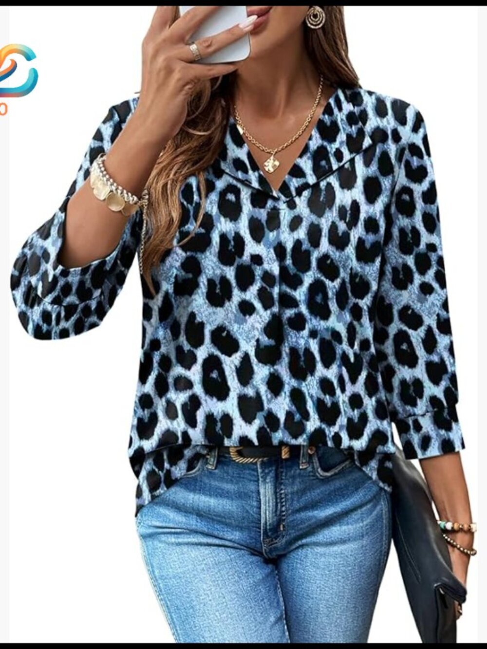 3/4 Sleeve V-Neck Blouse Polyester Spandex Blazer Collar Business Casual